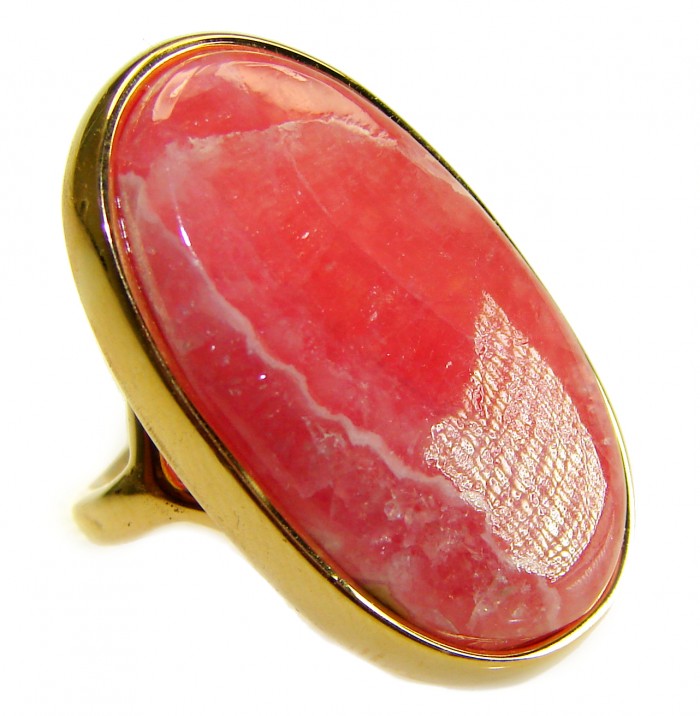 Strawberry Fields - Argentinian Rhodochrosite 18K Gold over .925 Sterling Silver handmade ring size 4 - Rhodochrosite stone in 18K gold setting, side view close-up.
