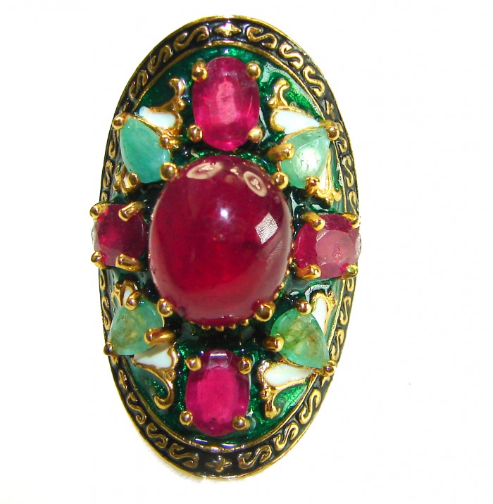 Wisdom authentic 8.7 carat Ruby enamel 18 K Gold over .925 Silver handcrafted Statement Ring s. 6 3/4 - Close-up of Wisdom 8.7 carat Ruby enamel 18K Gold ring.