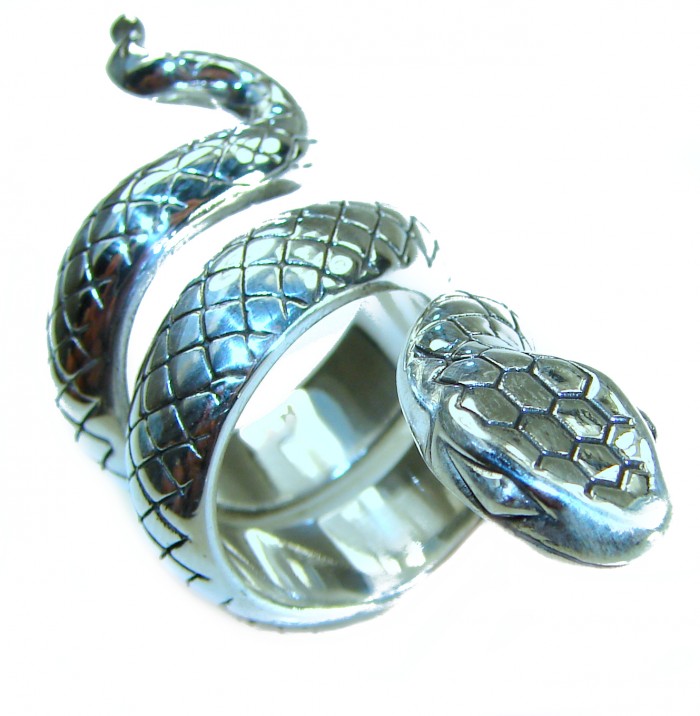 Large Boa Snake .925 Sterling Silver handcrafted Statement SPINAL Ring size 6 - Top view of large boa snake sterling silver statement ring.