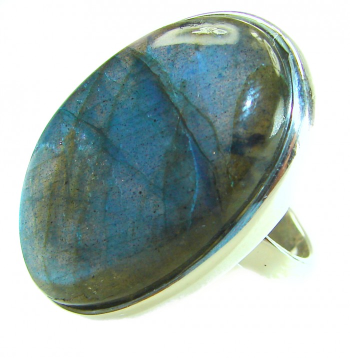 Shimmering Natural Labradorite .925 Sterling Silver handcrafted Large ring size 8 adjustable - Close-up of shimmering labradorite stone in sterling silver ring.