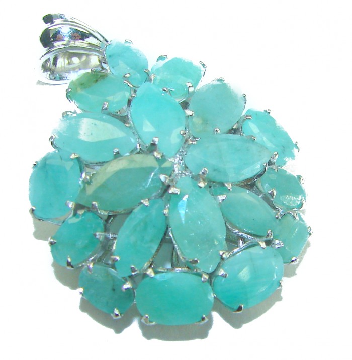 Spectacular 29.8 carat authentic Colombian Emerald .925 Sterling Silver handcrafted Pendant - Close-up of Colombian emerald pendant with cluster setting.