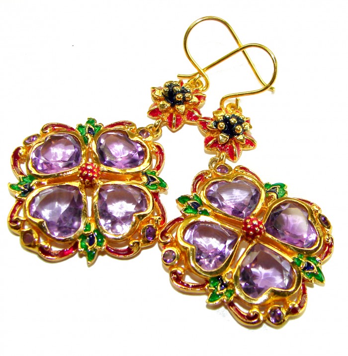 Esmeralda - Very Unique African Amethyst Enamel 18K Gold over .925 Sterling Silver handcrafted earrings - Unique amethyst earrings with enamel detail, front view.