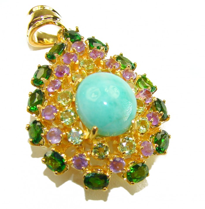 Exquisite Green Chrysophrase 18K Gold over .925 Sterling Silver handmade Pendant - Close-up of green chrysoprase pendant with colorful gemstones.