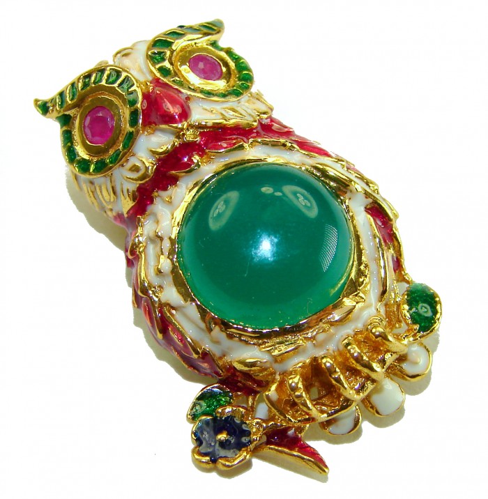 Wisdom and Unseen World - Owl- Genuine 10.5 carat Jade enamel .925 Sterling Silver dipped in 18k Gold handmade Pendant - Brooch - Golden owl brooch with jade and colorful enamels, top view.
