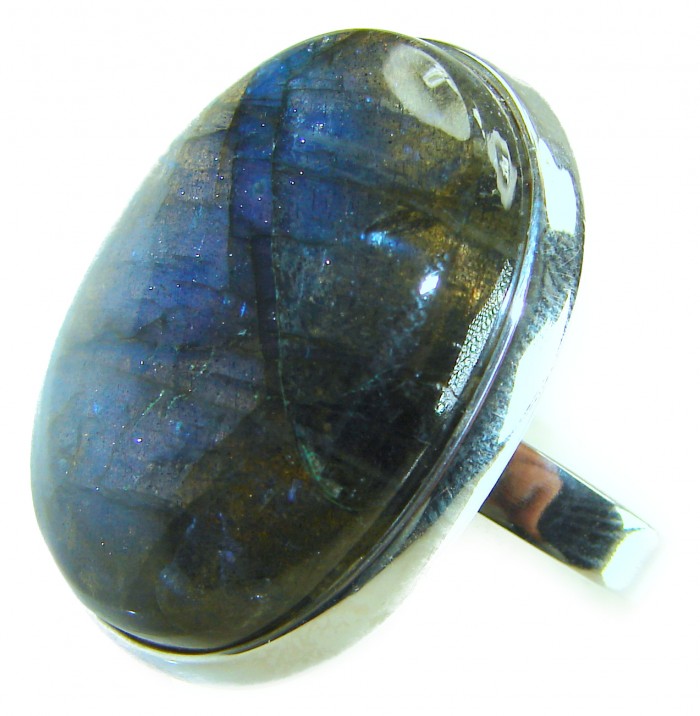 Shimmering Natural Labradorite .925 Sterling Silver handcrafted Large ring size 8 adjustable - Close-up of shimmering natural labradorite sterling silver ring.