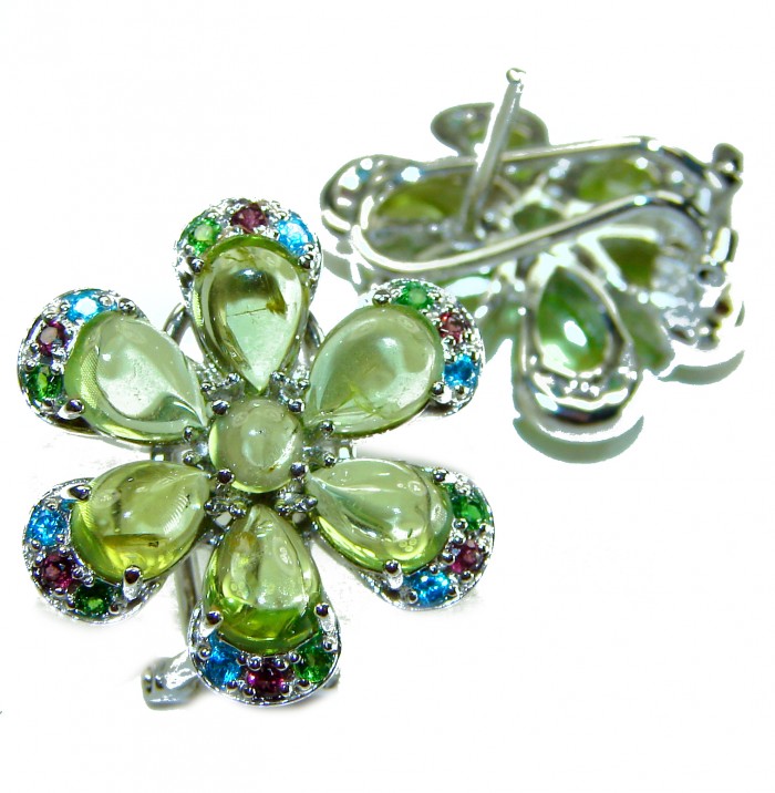 Evergreen authentic 25.5 carat Peridot .925 Sterling Silver handcrafted Large Statement earrings - Close-up of floral Peridot earrings set in .925 Sterling Silver.