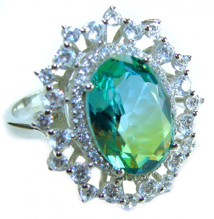 Eau Pure 15.5 carat Paraiba Tourmaline .925 Sterling Silver Handcrafted Ring size 8 1/4 - Close-up of Eau Pure Paraiba Tourmaline ring with diamond accents