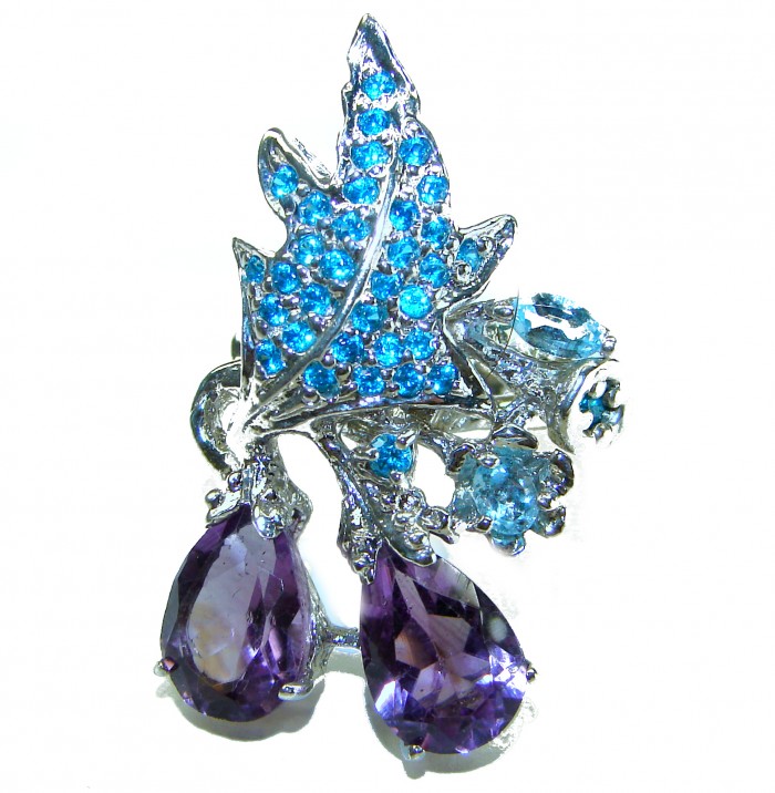 Purple Odyssey 12.5 carat natural Amethyst Apatite .925 Sterling Silver Handcrafted Ring size 6 - Elegant brooch with amethyst and blue stones, front view.
