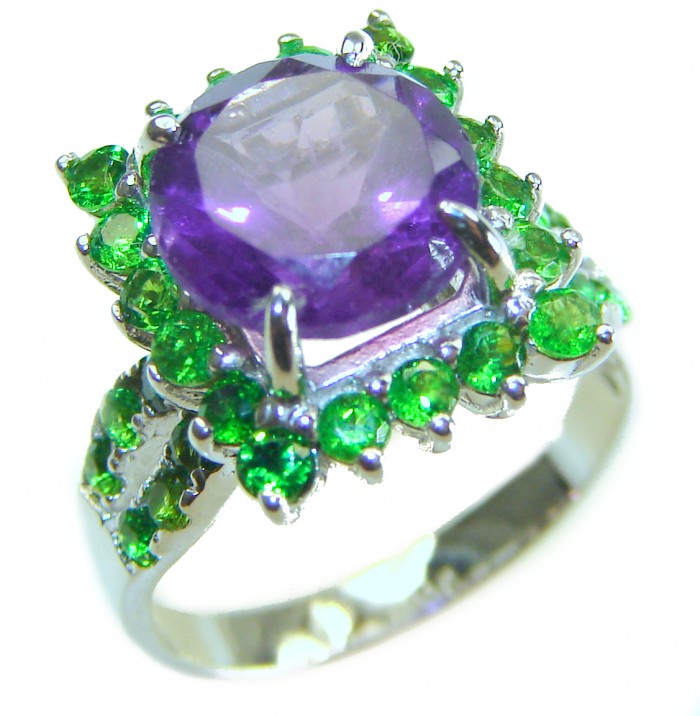 Purple Treasure 6.2 carat Amethyst Travorite Garnet .925 Sterling Silver Ring size 5 - Side view of purple amethyst ring with green garnet accents