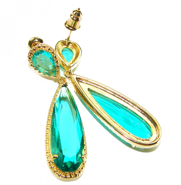 Eau Pure 10.5 carat AQUAMARINE 14K Gold over .925 Sterling Silver Handcrafted Earrings - Aquamarine earrings detail, gold setting, close-up.