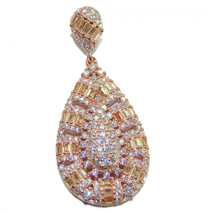 Luxurious pave 5.2 carat White Topaz .925 Sterling Silver dipped in 18K Rose Gold handmade Pendant - Teardrop earring, close-up of white topaz and sterling silver details.