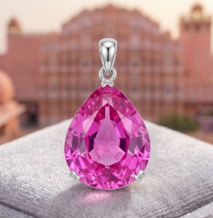 Incredible pear cut 18.8 carat Pink Sapphire .925 Sterling Silver handcrafted pendant - Close-up of 18.8 carat pink sapphire pendant in sterling silver.