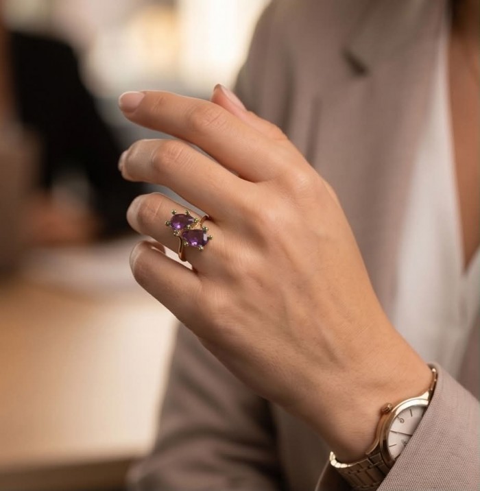 Purple Royalty 8.5 carat Amethyst .925 Sterling Silver dipped in 18K Gold over Handcrafted Ring size 6 1/4 - Worn on hand: Purple Royalty Amethyst ring with sterling silver.