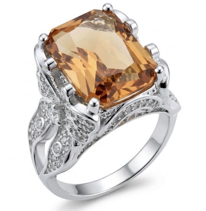 Authentic 10.4 carat Golden Topaz .925 Sterling Silver brilliantly handcrafted Statement Ring size 7 1/2 - Golden Topaz ring in sterling silver, angled view highlighting the stone.