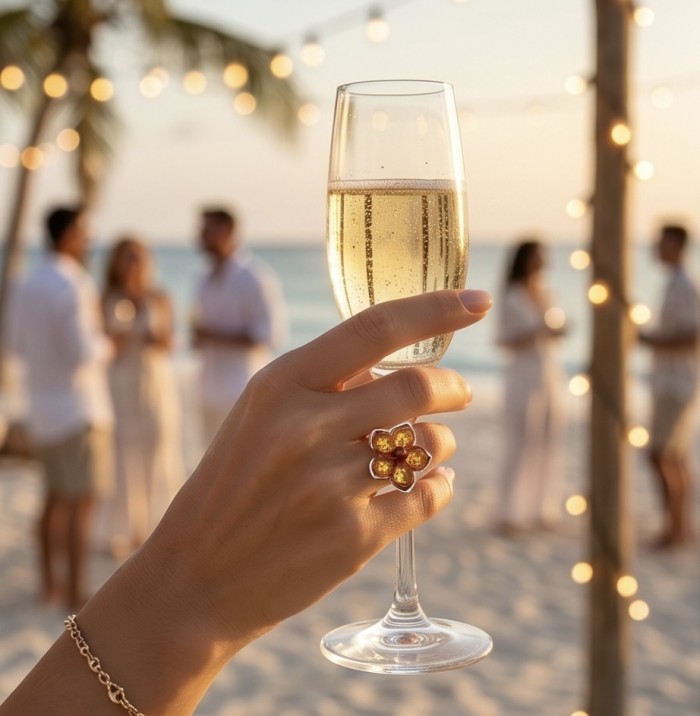 Golden Flower Authentic Baltic Amber rhodium over .925 Sterling Silver handcrafted ring; s. 7 adjustable - Golden Flower Baltic Amber ring worn at beach event with champagne flute