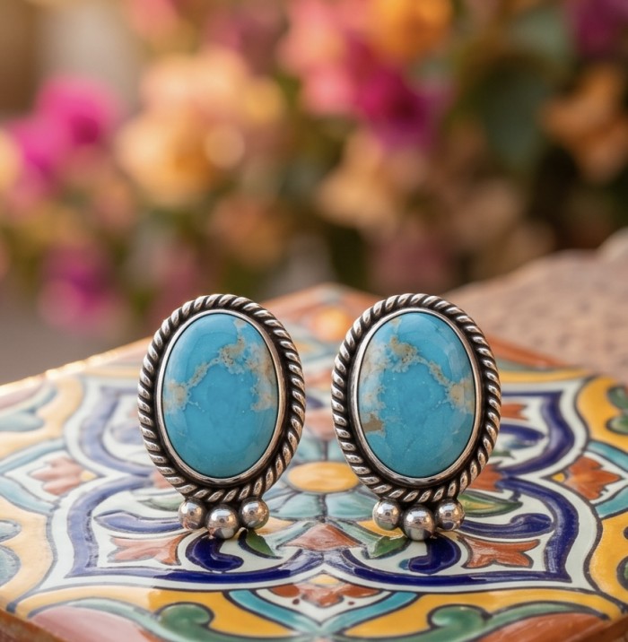Great authentic Sleeping Beauty Turquoise .925 Sterling Silver handcrafted Earrings - Close-up of Sleeping Beauty Turquoise sterling silver earrings