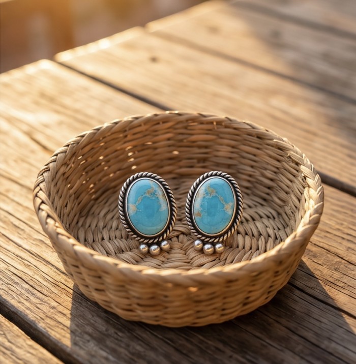 Great authentic Sleeping Beauty Turquoise .925 Sterling Silver handcrafted Earrings - Turquoise earrings in basket, top view, natural wood background.