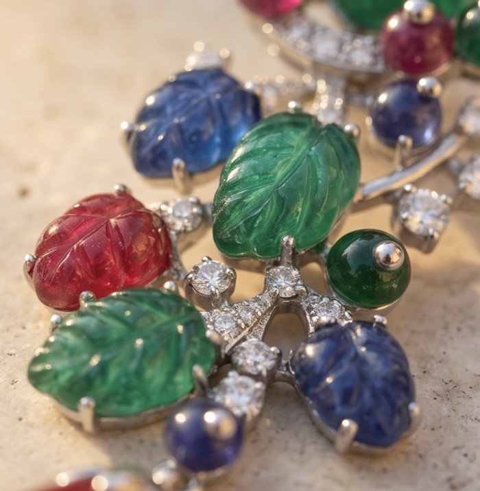 RARE BEAUTY! Valentina 28.2 carat CARVED Ruby Emerald Sapphire .925 Sterling Silver dipped in rhodium Statement handcrafted earrings - Close-up of carved ruby, emerald, and sapphire leaves with diamonds
