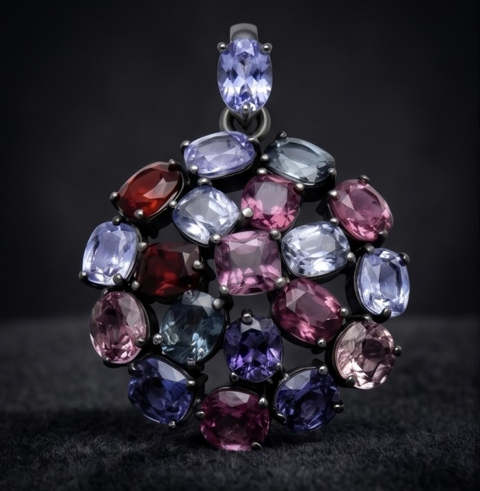 Scarlett 23.5 carat Brazilian Watermalon Tourmaline black rhodium over .925 Sterling Silver handmade Pendant - Close-up of Scarlett 23.5 carat colorful gemstone pendant on black background