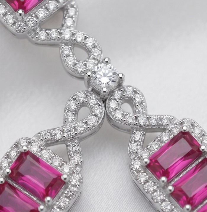 Art Deco - Giovanna - Magnificent Jewel 6.5 carat Ruby .925 Sterling Silver handcrafted incredible earrings - Close-up of Art Deco Giovanna earrings with rubies and diamonds.