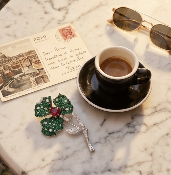 Black Label Collection - Retro Style - Rose Genuine 6.5 carat Ruby 5.2 pave Emerald .925 Sterling Silver dipped in rhodium handmade Pendant - Brooch - Retro style rose brooch with gems on a marble table near espresso and postcard.