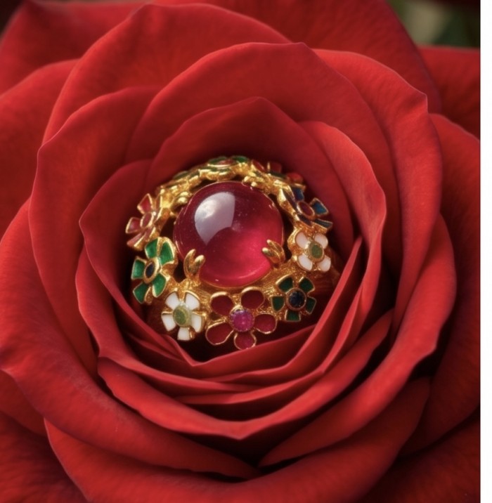 Blooming Garden Genuine 10.5 carat Kashmir Ruby enamel .925 Sterling Silver dipped in 22K Gold Large Statement Ring size 6 3/4 - Close-up of Blooming Garden 10.5 ct Kashmir Ruby ring in red rose