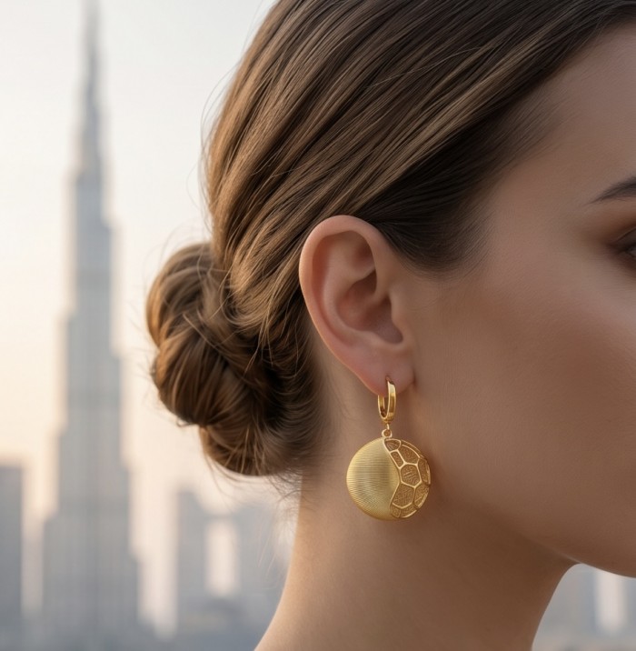 Dubai Style - Golden SPHERES .925 Sterling Silver dipped in 22K Gold handmade Large Earrings - Side view of gold sphere earring worn near a tall building in Dubai.