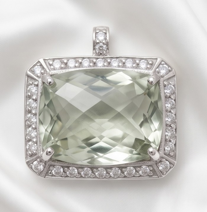 Green Ivy 25.9 carat Green Amethyst - Prasolite .925 Sterling Silver dipped in rhodium handcrafted pendant - Close-up of green amethyst pendant in sterling silver setting