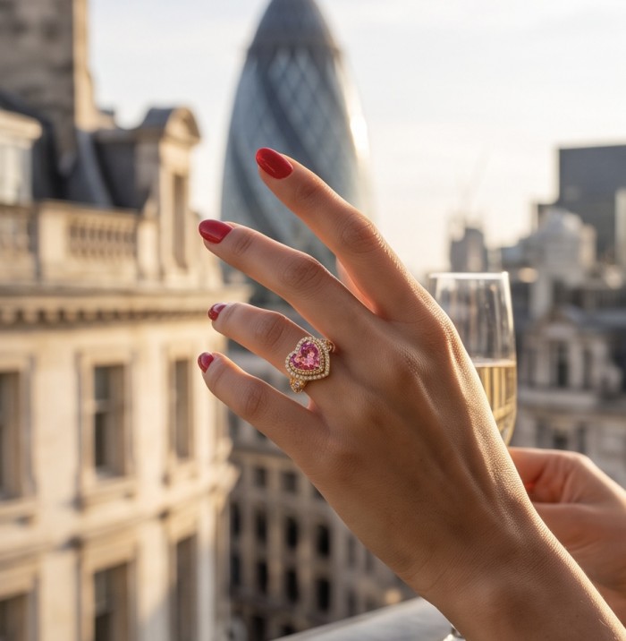 Angel's Heart 6.9 carat natural Pink Sapphire 22K Gold over .925 Sterling Silver Huge handcrafted Ring s. 7 adjustable - Hand wearing Angel's Heart pink sapphire ring, city skyline background