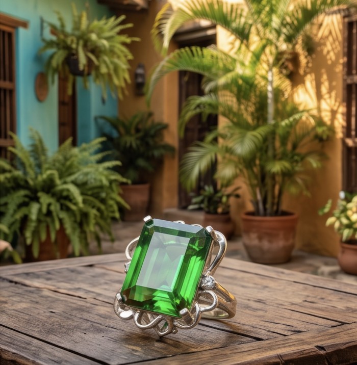 Precious baquette cut 20.9 CARAT Alexandrite .925 Sterling Silver Statement Ring s. 6 - Alexandrite ring on table, stone close-up, lush plants in background