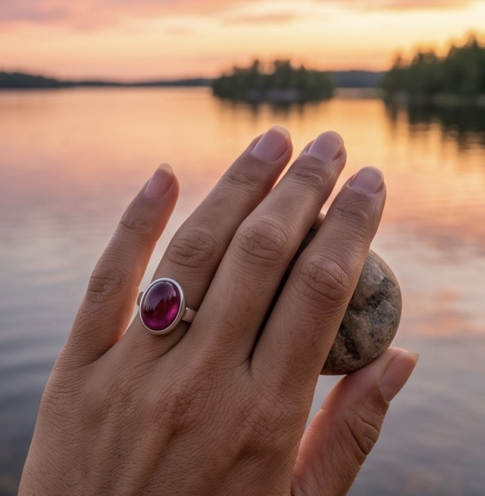 Bella Rosa Genuine 10.5 CARAT Star Ruby 22K Gold over .925 Sterling Silver Statement Ring size 8 adjustable - Star Ruby ring close-up, worn on hand against a sunset lake backdrop