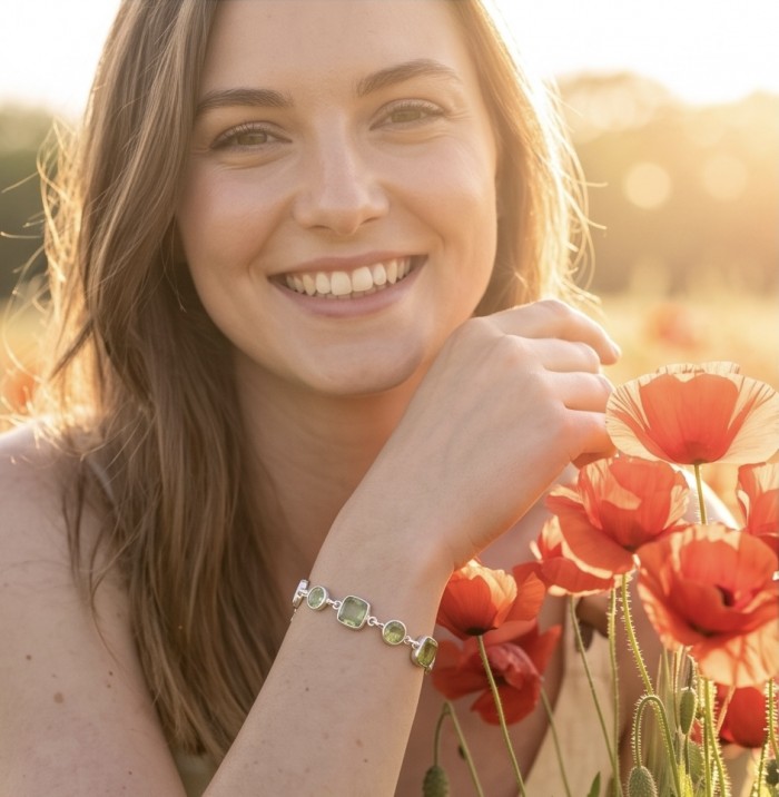 Tutti Frutti 17.5 CARAT Green Amethyst .925 Sterling Silver brilliantly handcrafted Bracelet - Woman wearing Tutti Frutti green amethyst bracelet in a poppy field.