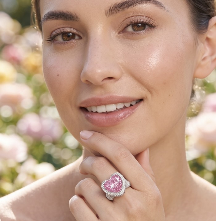 Venus's Heart 8.8 carat Pink Sapphire .925 Sterling Silver dipped in rhodium handcrafted Statement ring size 7 - Pink sapphire ring worn on hand, close-up of intricate silver design