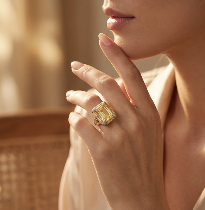 Wearable Art - Solid 27.2 carat Genuine Yellow Sapphire .925 Sterling Silver handcrafted ring size 6 1/2 - Yellow sapphire ring worn on hand, close-up.