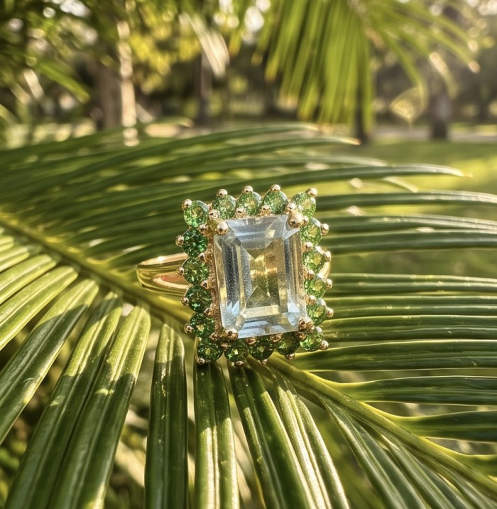 4.2 carat Green Amethyst 18K Gold over .925 Sterling Silver Handcrafted Ring size 7 - Close-up of green amethyst ring on palm leaf in sunlight.