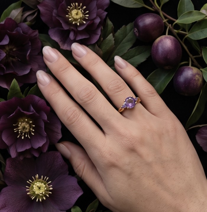 3.8 carat Amethyst 18K Gold over .925 Sterling Silver Handcrafted Ring size 8 - Amethyst ring on hand with purple flowers, top view.