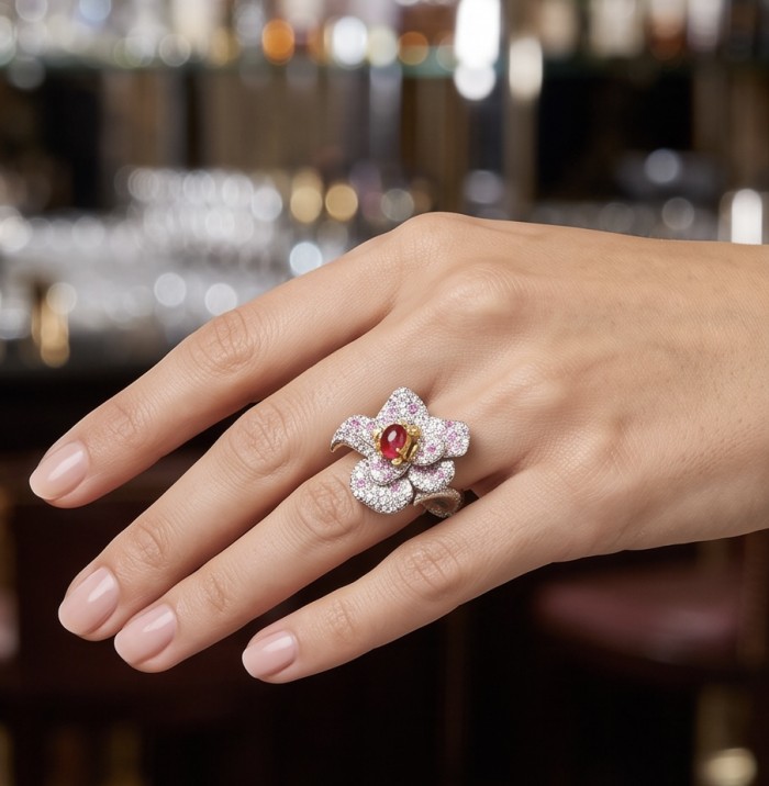 Giovanna 3.6 carat Kashmir Ruby .925 Sterling Silver dipped in 22K Gold handmade Statement Ring size 6 1/2 - Flower-shaped ring with ruby detail worn on a hand
