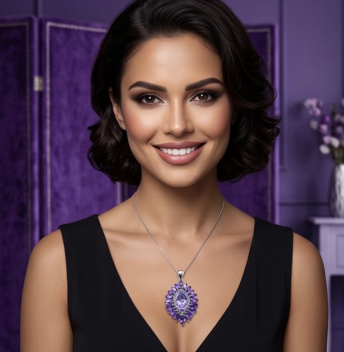Divine Protection 18.8 carat Precious Amethyst .925 Sterling Silver dipped in rhodium handcarfted Pendant - Woman wearing Divine Protection Amethyst necklace, front view.
