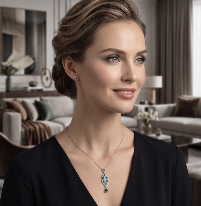 Isabella 6.8 carat Colombian Emerald .925 Sterling Silver Perfectly handcrafted pendant - Sterling silver necklace with emeralds, worn by model, side view.