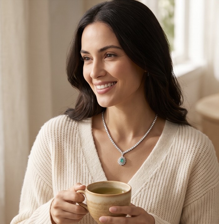 Estelle - Authentic 7.9 carat COLOMBIAN EMERALD .925 Sterling Silver handcrafted necklace - Woman wearing Estelle Colombian Emerald necklace, mid-shot, smiling.