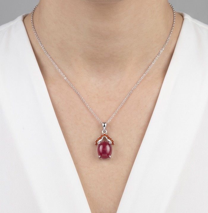 Authentic 6.5 CARAT Ruby .925 Sterling Silver Pendant - Front view of 6.5 carat ruby pendant on neck