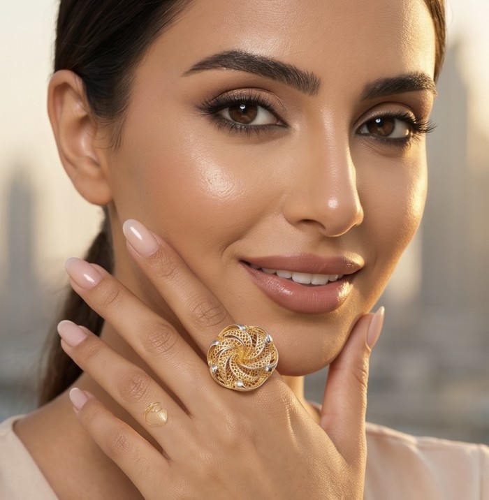 GOLDEN ROSE - Dubai Style - .925 Sterling Silver dipped in 22K Gold handmade Large ring size 7 1/4 - Model wearing GOLDEN ROSE ring, close-up view on hand and face