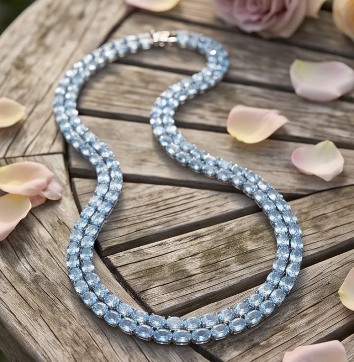 Serenity 205.5 carat genuine Swiss Blue Topaz .925 Sterling Silver handmade Large Statement Necklace; 70.95 grams - Serenity Swiss Blue Topaz necklace on wood, surrounded by rose petals.