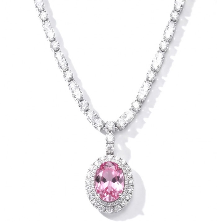 Isabella - delicate 6.7 carat Bubblegum Pink Sapphire .925 Sterling Silver handcrafted Statement Necklace - Isabella necklace with pink sapphire pendant, front view.
