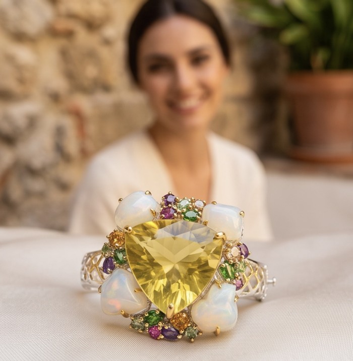 Golden Symphony 59.8 carat Genuine Lemon Quartz Rough Opal 2 tones .925 Sterling Silver dipped in Rhodium handcrafted bracelet - Close-up of Golden Symphony ring with lemon quartz and rough opal.
