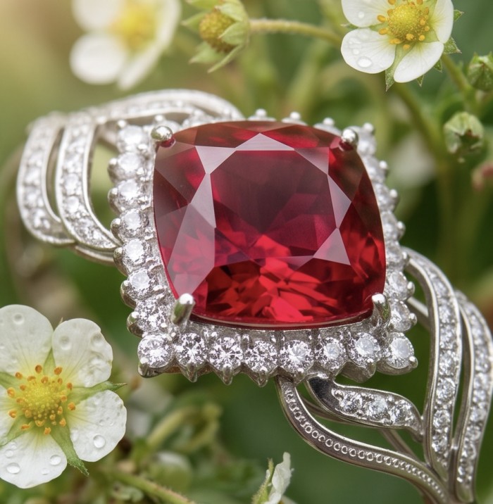 Precious Genuine 32.7 carat Brazilian Garnet .925 Sterling Silver dipped rhodium handcrafted Bracelet - Close-up of 32.7 carat Brazilian garnet in sterling silver setting