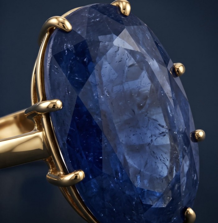 Julietta 18.5 carat faceted Sapphire .925 Sterling Silver dippedin 14K Gold handmade Statement ring size 7 - Close-up of Julietta 18.5 carat sapphire in gold setting