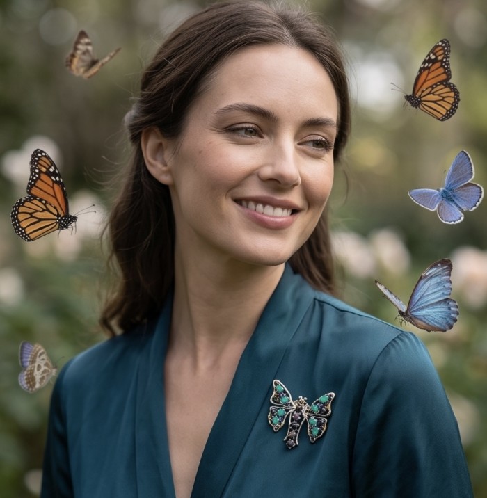 Incredible Butterfly Natural Black Opal Colombian Emerald 2 tones .925 Sterling Silver dippedin black rhodium handcrafted Brooch - Woman wearing butterfly brooch with butterflies surrounding her.