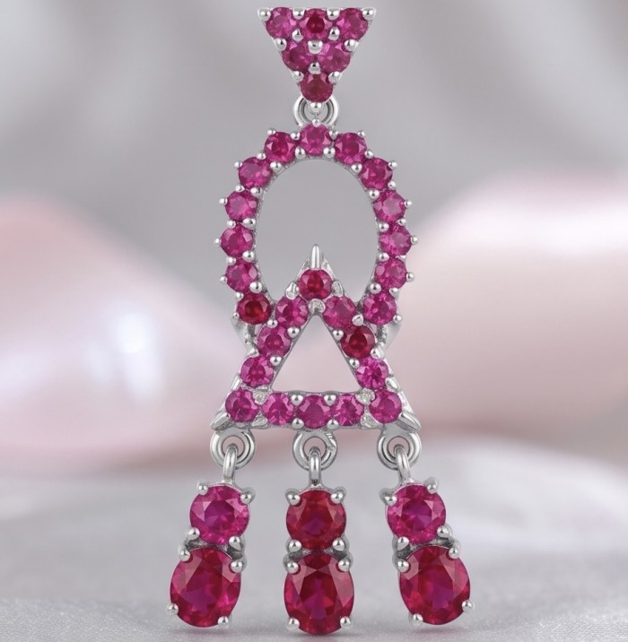 14.2 carat authentic Mozambique Ruby rhodium over .925 Sterling Silver handmade Pendant - Front view of 14.2 carat Mozambique Ruby pendant in rhodium over .925 silver.