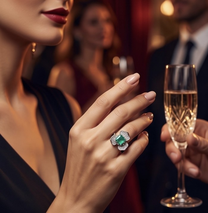 Elizabeth 4.8 carat Colombian Emerald 8.2 carat Moissanite .925 Sterling Silver dipped in Rhodium handcrafted Ring size 7 - Close-up of Elizabeth ring with emerald and moissanite worn on hand